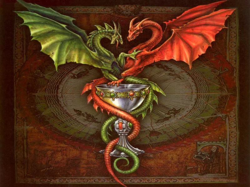 A vibrant fantasy scene features a green and red dragon entwined around a goblet. The dynamic colors and fierce expressions enhance the magical atmosphere.