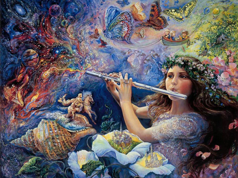 A whimsical fantasy scene featuring a woman playing a flute, surrounded by vibrant butterflies, ethereal landscapes, and dreamlike figures, all set in a mesmerizing artistic backdrop.
