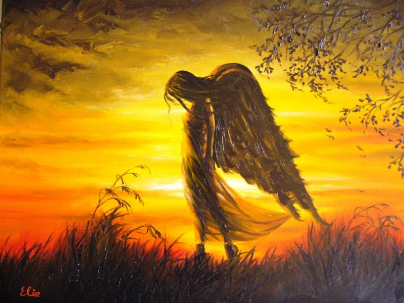 A graceful angel with flowing wings stands in a golden sunset, surrounded by tall grass, embodying a serene and enchanting fantasy landscape.