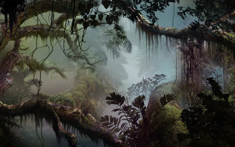 A mystical fantasy landscape featuring dense, tangled vegetation, towering trees, and a dreamlike, misty atmosphere that evokes a sense of wonder and adventure.