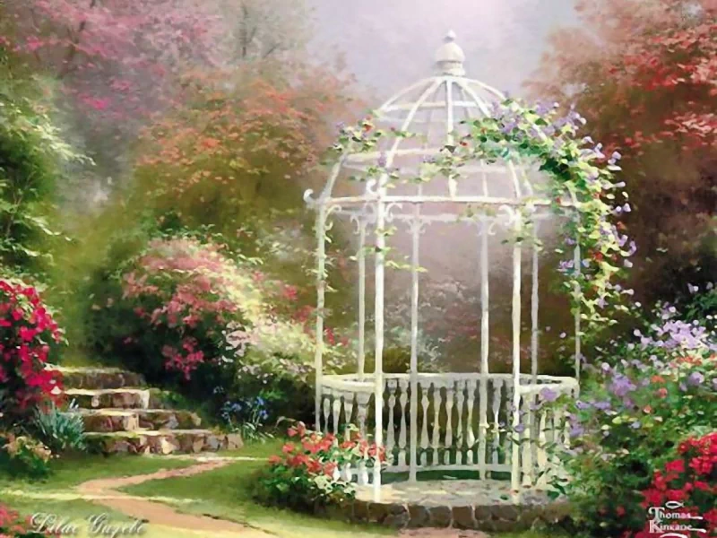 A serene garden scene with a white gazebo surrounded by vibrant flowers and lush greenery, captured beautifully in this artistic painting.