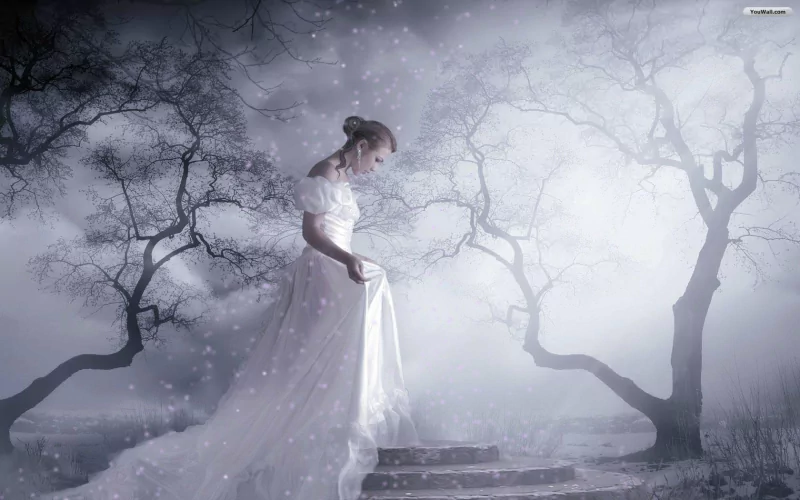 A woman in a flowing white dress stands on steps in a mystical, snowy landscape, surrounded by bare trees and a foggy atmosphere, evoking a sense of fantasy and enchantment.