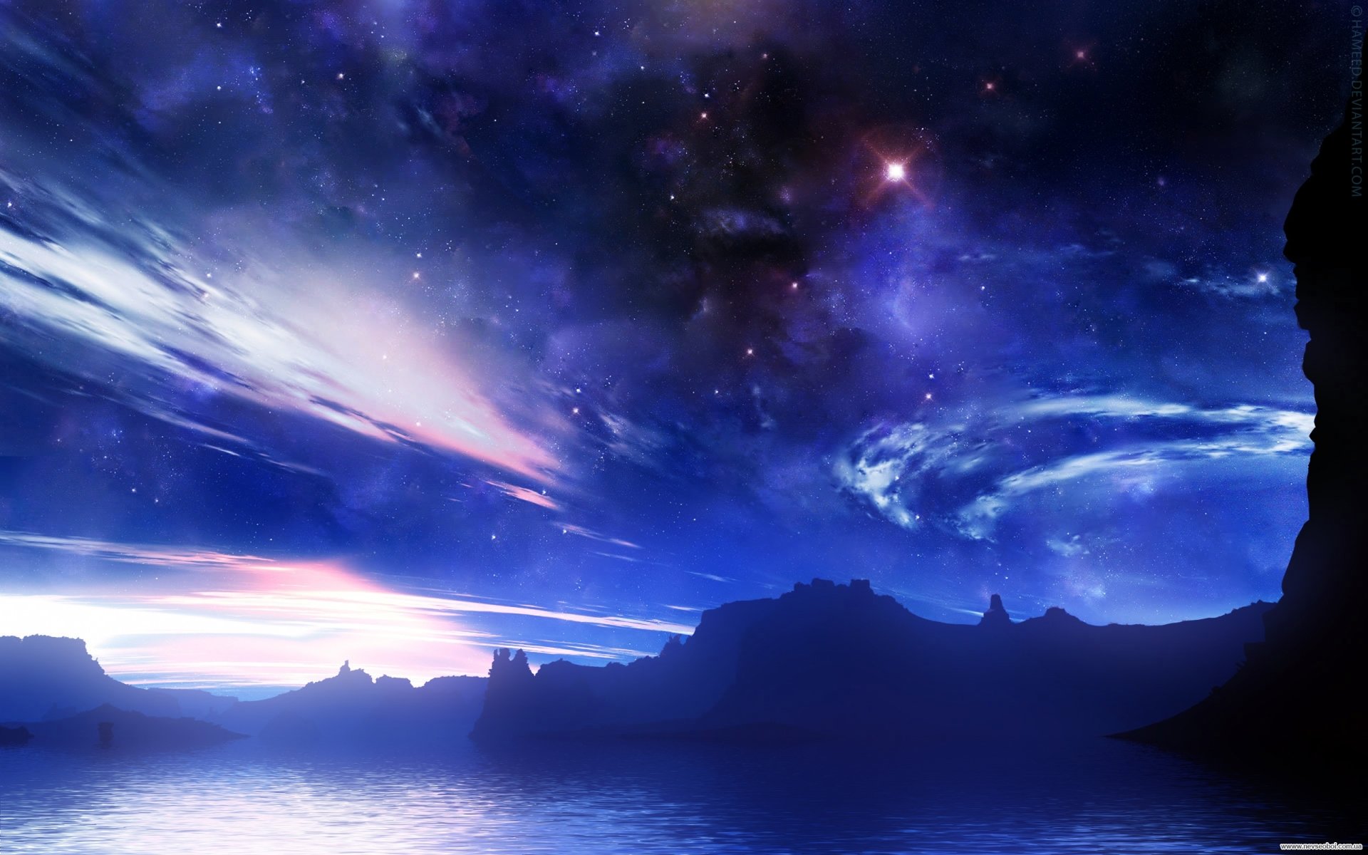 A stunning fantasy landscape featuring a serene lake under a vibrant night sky filled with swirling galaxies and glowing stars, framed by distant mountain silhouettes.