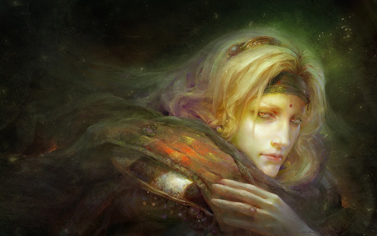 A dark, artistic portrayal of a figure with flowing hair and an intricate, glowing armor. The mysterious atmosphere evokes a sense of depth and emotion.