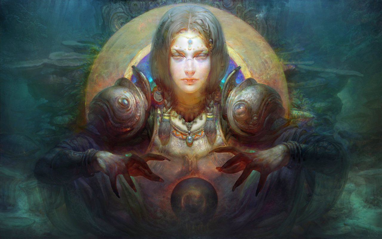 A mystical figure with intense gaze emerges from a shadowy background, surrounded by ethereal elements, reflecting a dark, artistic ambiance.