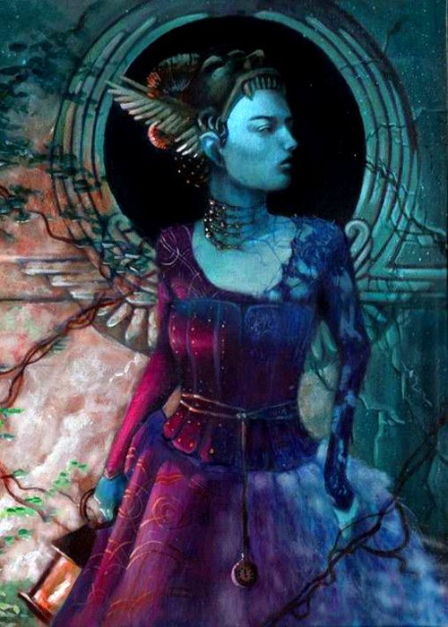 Dark, artistic portrait of a blue‑skinned, winged woman in a tattered purple gown before a ruined circular arch, vines and shadowed textures entwining the scene.