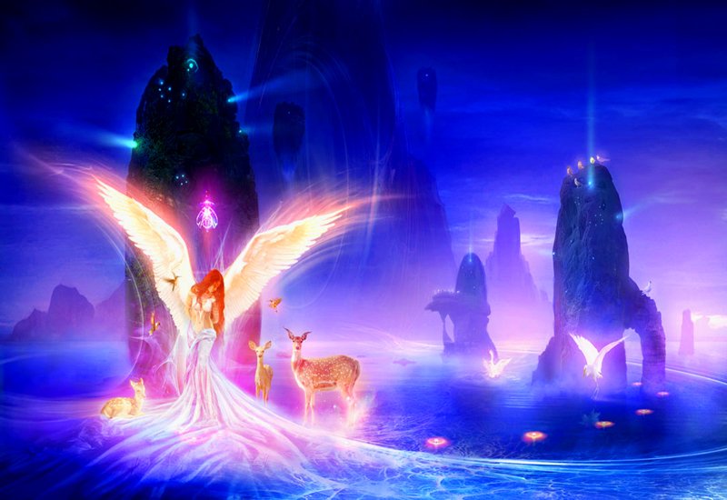 A mesmerizing CGI artwork depicting a figure with angelic wings surrounded by ethereal landscapes, illuminated rocks, and gentle animals, all set in a vibrant, mystical atmosphere.