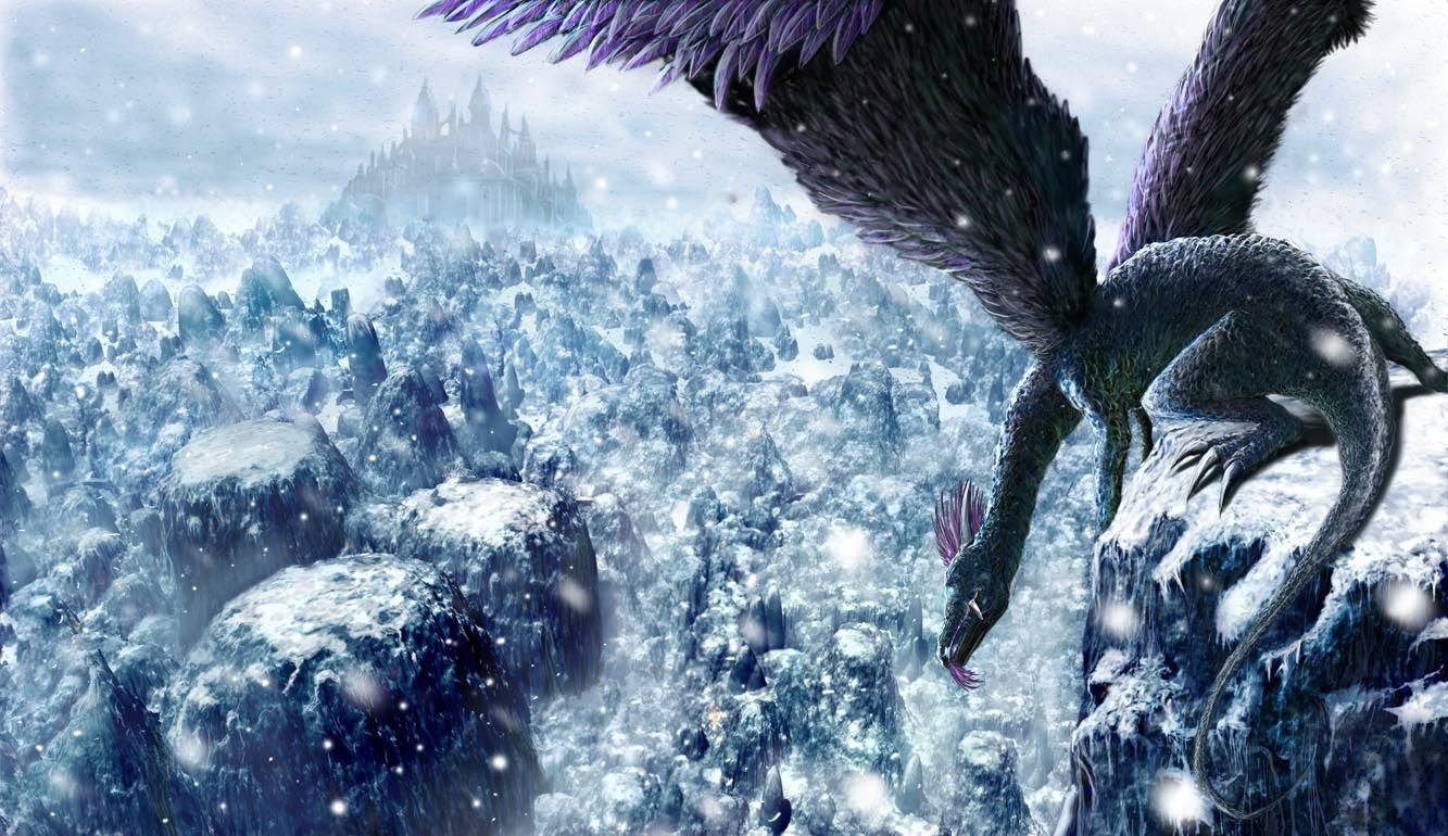 A majestic dragon with dark wings perches on a snowy cliff, overlooking a vast, icy landscape dotted with rocks and distant mountains in a captivating fantasy setting.