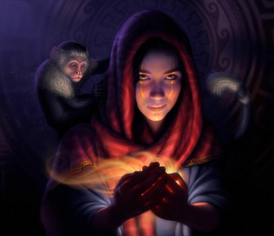 A young woman in a hooded cloak holds glowing magic in her hands, while a mischievous monkey perches on her shoulder, embodying the essence of fantasy and enchantment.