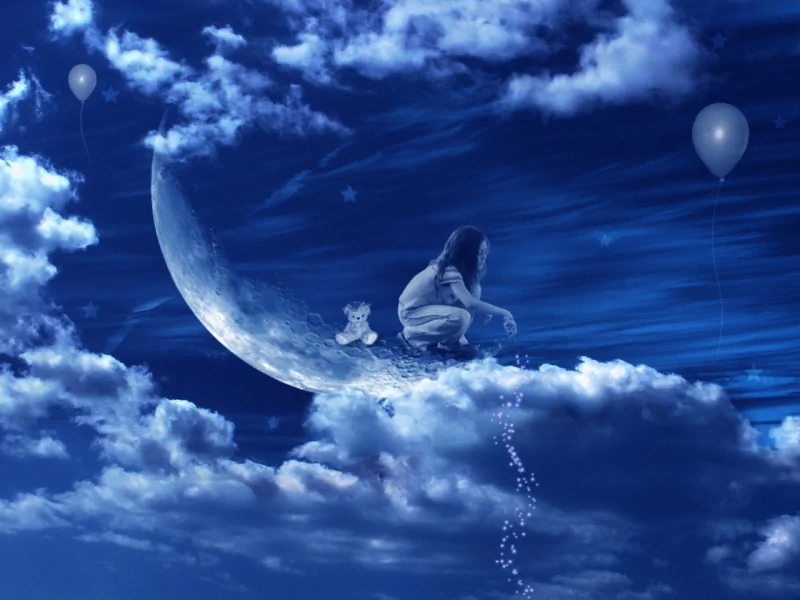 A child sits on a crescent moon amidst fluffy clouds, accompanied by a teddy bear, as colorful balloons float in a dreamy, starry sky. Magic and wonder fill the scene.
