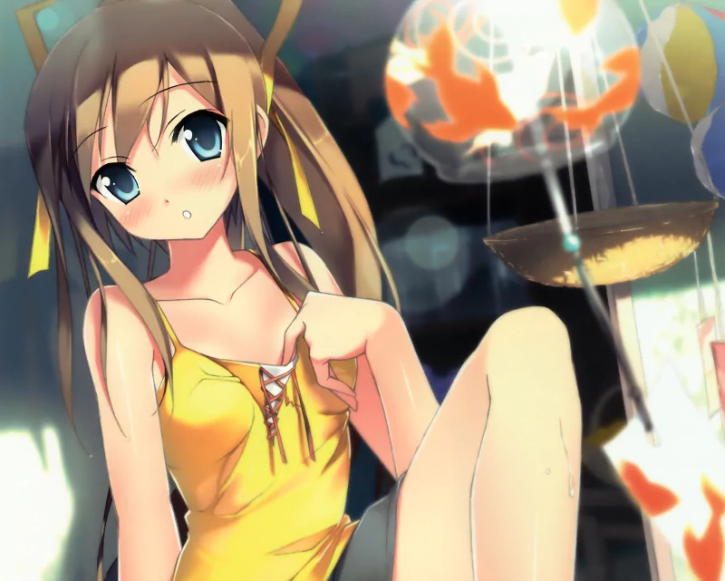A young woman in anime style sits playfully, wearing a bright yellow top. Her large blue eyes gaze curiously at the viewer, with colorful decorations in the background.