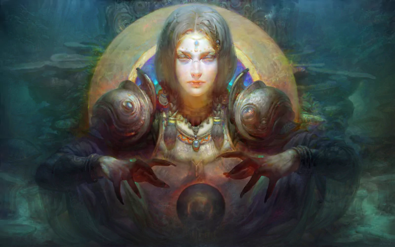 A mystical figure with intense gaze emerges from a shadowy background, surrounded by ethereal elements, reflecting a dark, artistic ambiance.