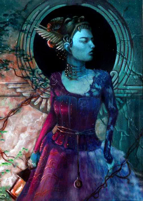 Dark, artistic portrait of a blue‑skinned, winged woman in a tattered purple gown before a ruined circular arch, vines and shadowed textures entwining the scene.