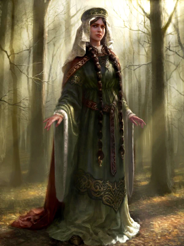 A dark, artistic portrait of a woman in elegant attire standing amid a haunting forest, with soft light filtering through the trees, creating an ethereal atmosphere.