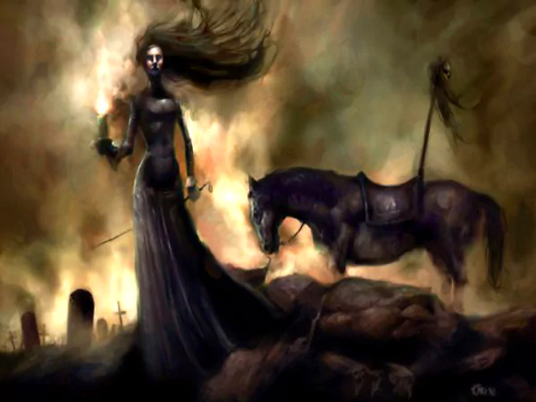 A dark, artistic scene featuring a mysterious figure in a flowing gown holding a lantern, beside a horse in a somber, graveyard-like setting enveloped in shadowy hues.