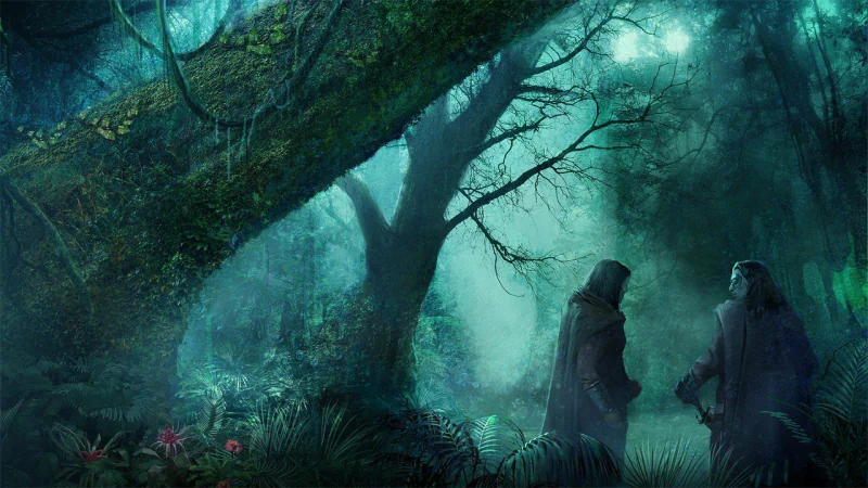 Two figures wander through a mystical, fog-covered forest, surrounded by towering, ancient trees and lush greenery, capturing the essence of a vibrant fantasy landscape.