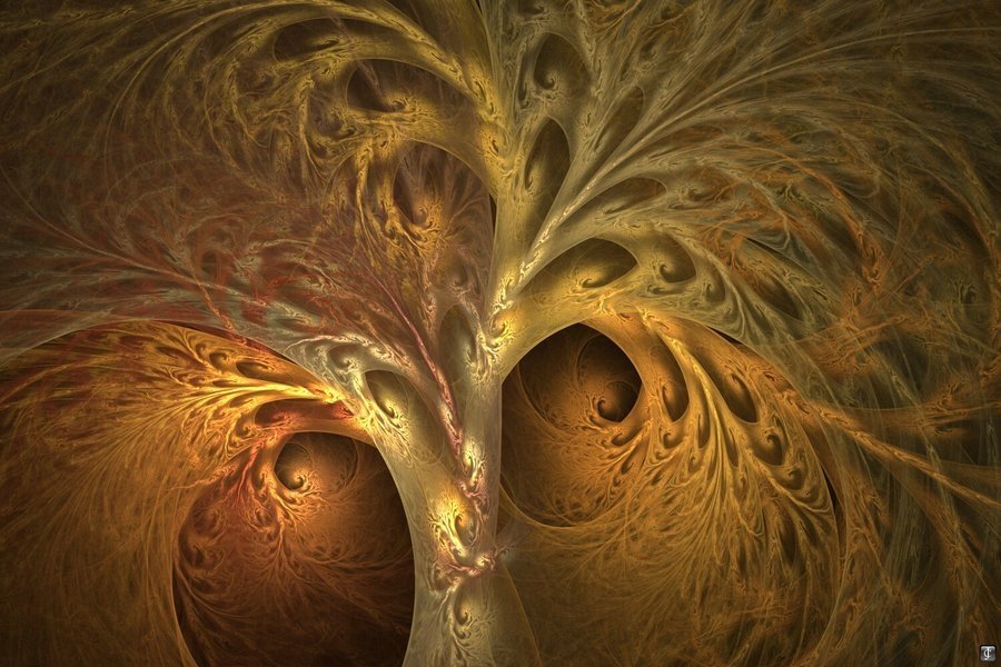Abstract fractal image of swirling golden-brown feathered tendrils forming vortex-like openings around a central branching structure.