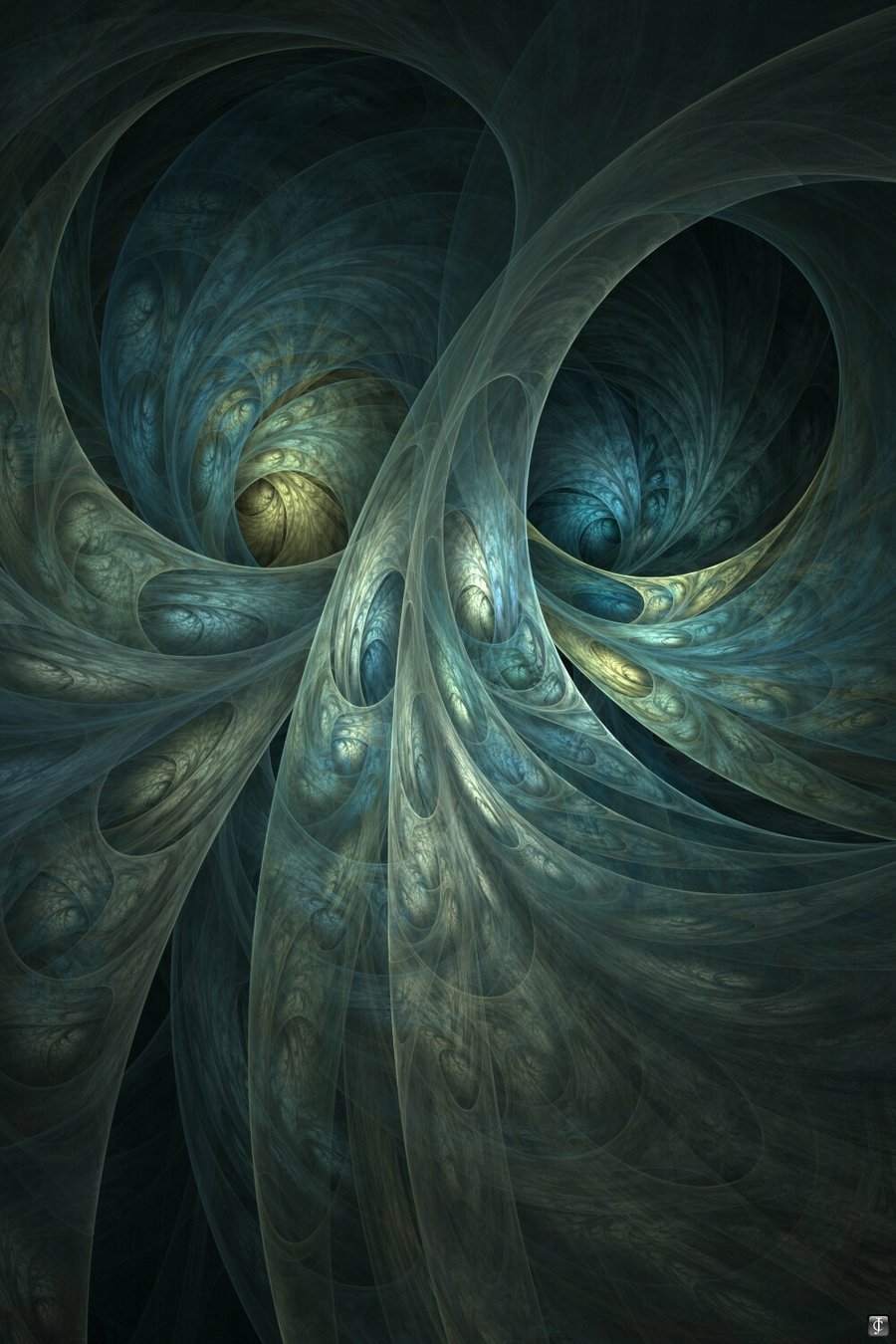 An intricate abstract fractal design featuring swirling shapes in shades of blue and gold, creating a sense of depth and movement.