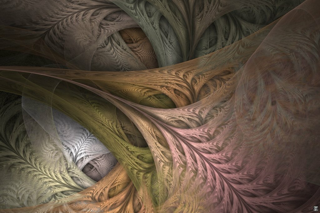 Abstract fractal scene of layered feather-like swirls in muted greens, browns, and pinks, flowing into deep folds that create an organic, textured sense of depth.