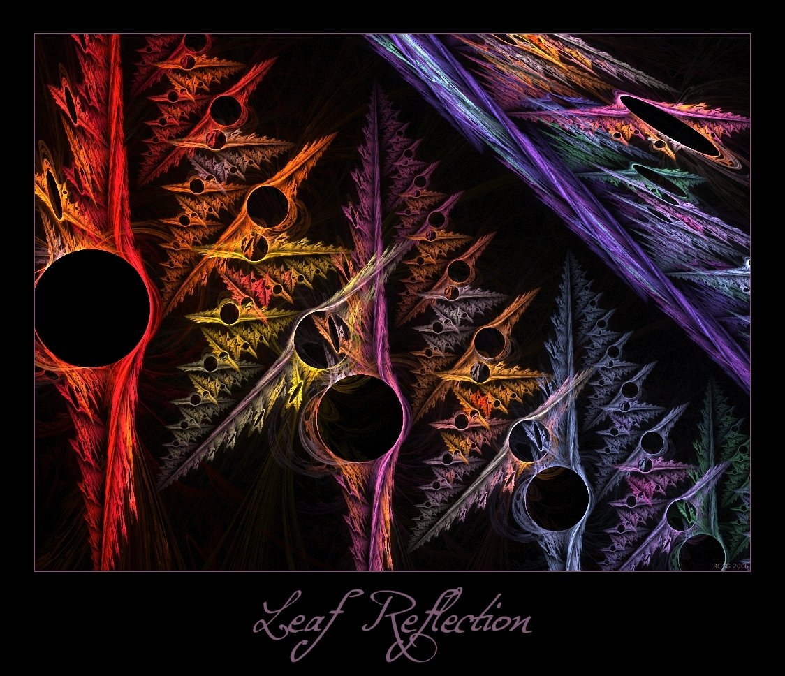 An abstract fractal composition titled Leaf Reflection, featuring vibrant colors and intricate leaf-like patterns against a dark background.