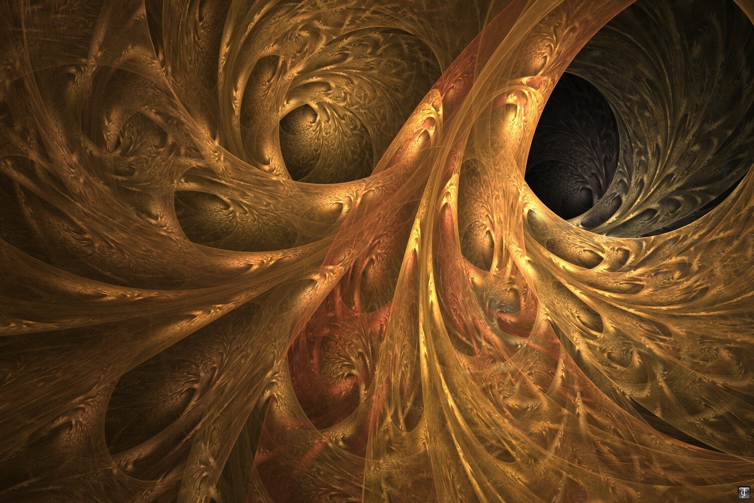 Abstract fractal of golden, feather-like spirals flowing into dark vortexes with intricate leaflike textures.