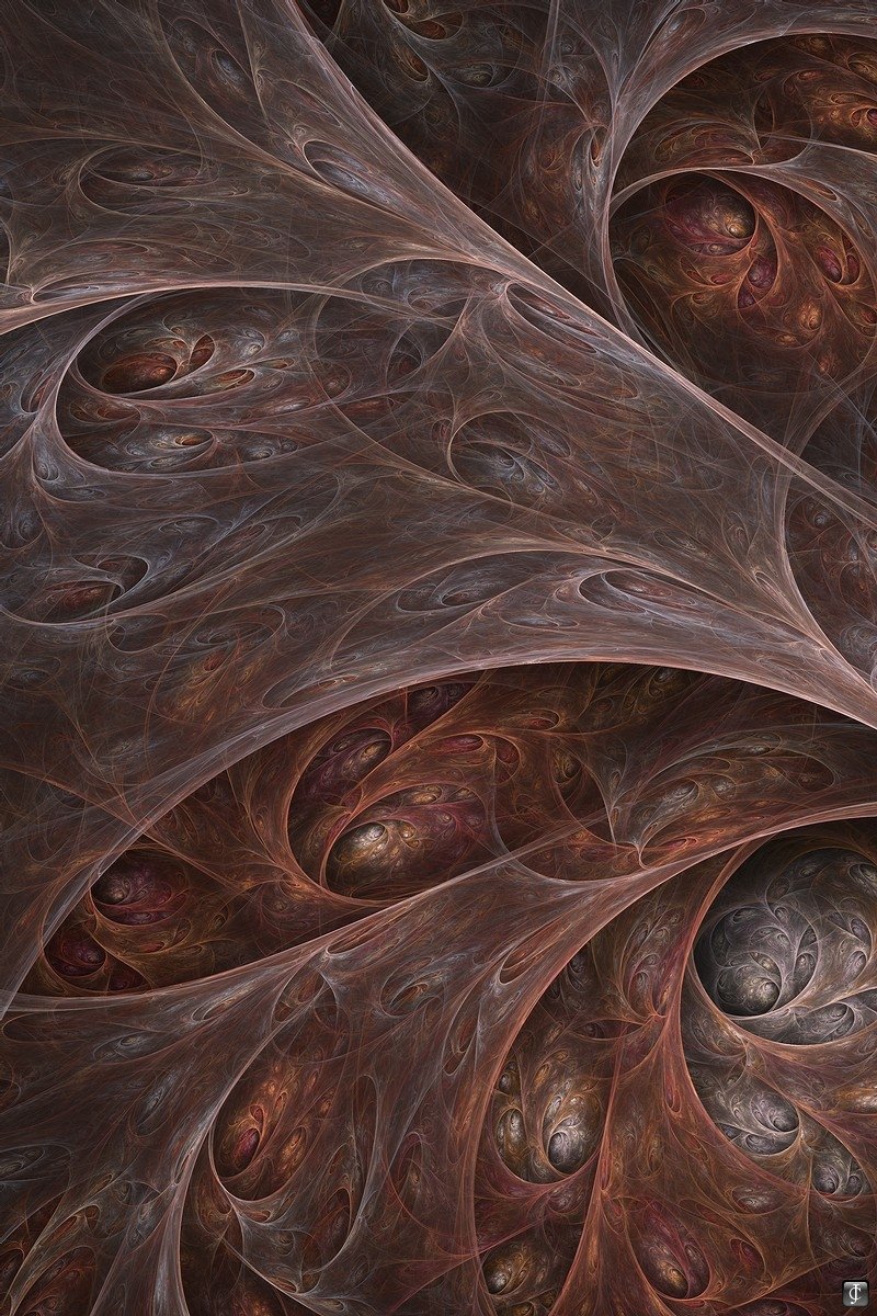 An abstract fractal design featuring intricate swirling patterns in rich reddish-brown hues, creating a sense of depth and movement.