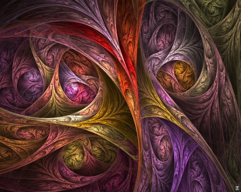 Abstract fractal artwork of woven, leaf-like spirals in rich reds, purples, golds and greens forming layered, swirling, tunnel-like patterns.