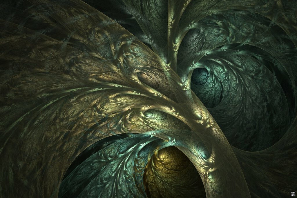 An intricate abstract fractal design featuring swirling patterns and rich, textured colors of green and gold, creating a sense of depth and complexity.