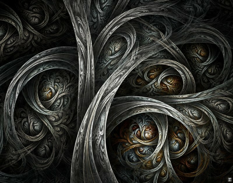 An intricate abstract fractal design featuring swirling patterns and deep, rich colors, creating a dynamic visual interplay of light and shadow.