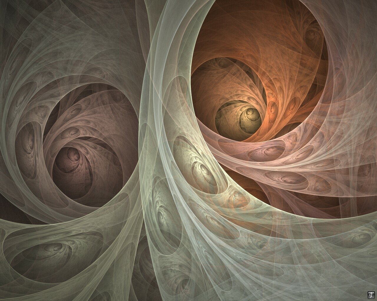 An abstract fractal image featuring swirling patterns in soft beige, light green, and warm brown tones, creating a sense of depth and fluidity.