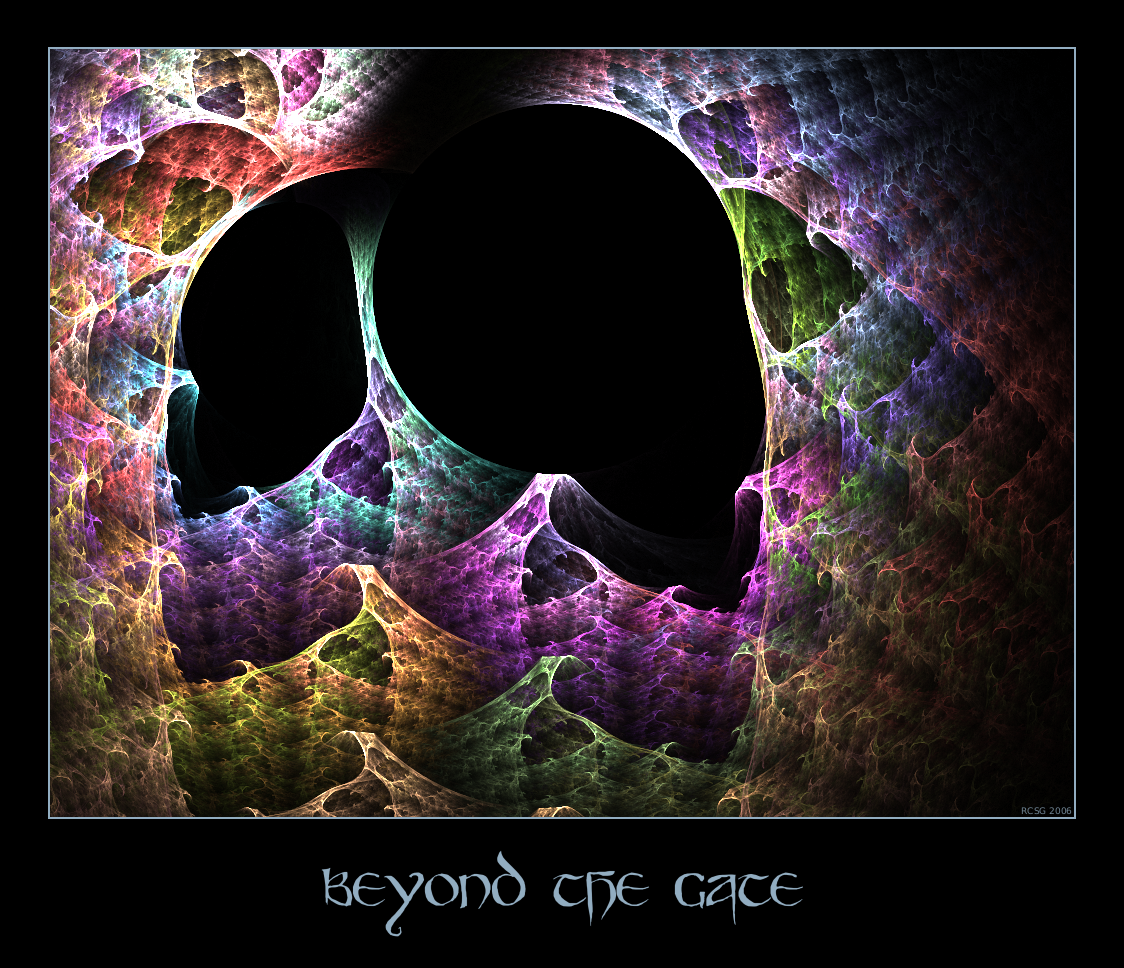 An abstract fractal artwork featuring intricate patterns in vibrant colors, creating a mysterious scene titled Beyond the Gate with a dark central shape.