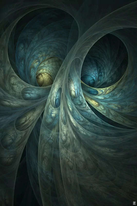 An intricate abstract fractal design featuring swirling shapes in shades of blue and gold, creating a sense of depth and movement.