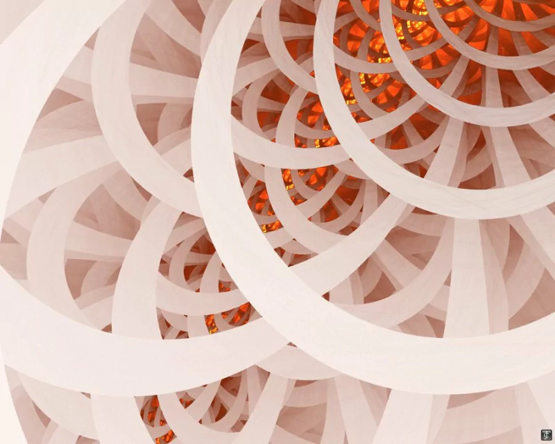 An intricate abstract fractal design featuring overlapping circular patterns in soft whites and warm orange hues, creating a sense of depth and movement.