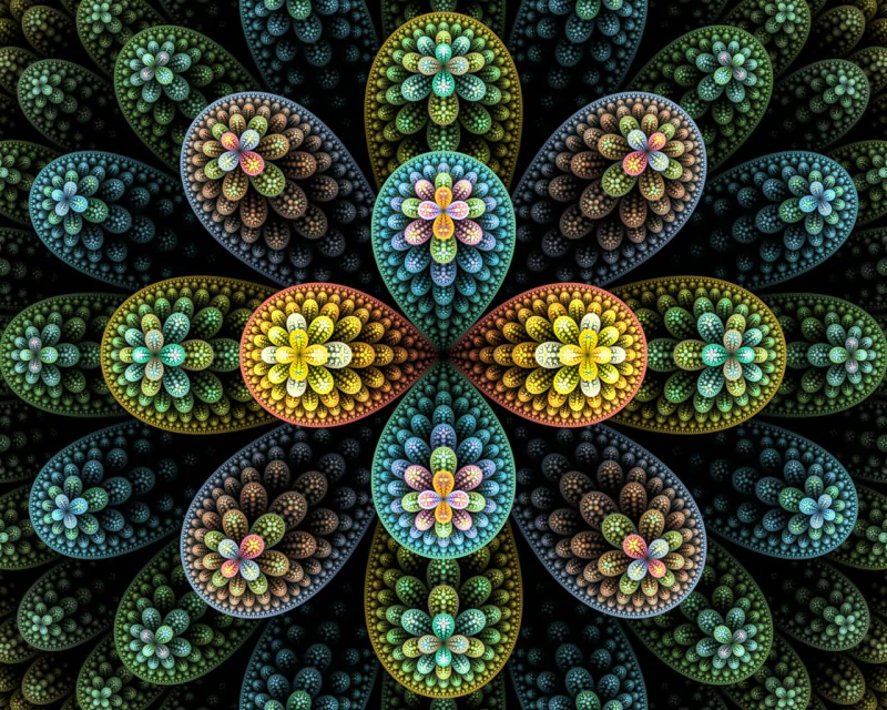 A vibrant abstract fractal design featuring intricately layered shapes in a floral arrangement, showcasing a spectrum of colors including blues, greens, yellows, and pinks.