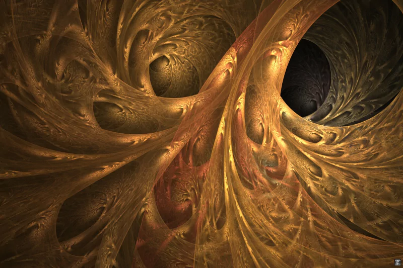 Abstract fractal of golden, feather-like spirals flowing into dark vortexes with intricate leaflike textures.
