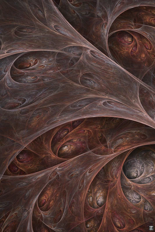 An abstract fractal design featuring intricate swirling patterns in rich reddish-brown hues, creating a sense of depth and movement.