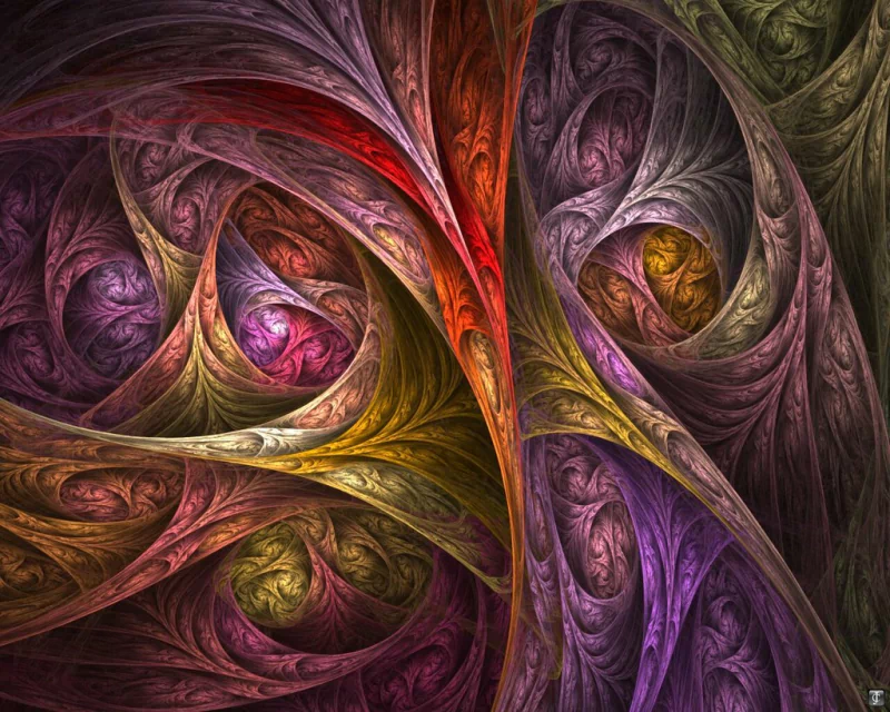 Abstract fractal artwork of woven, leaf-like spirals in rich reds, purples, golds and greens forming layered, swirling, tunnel-like patterns.