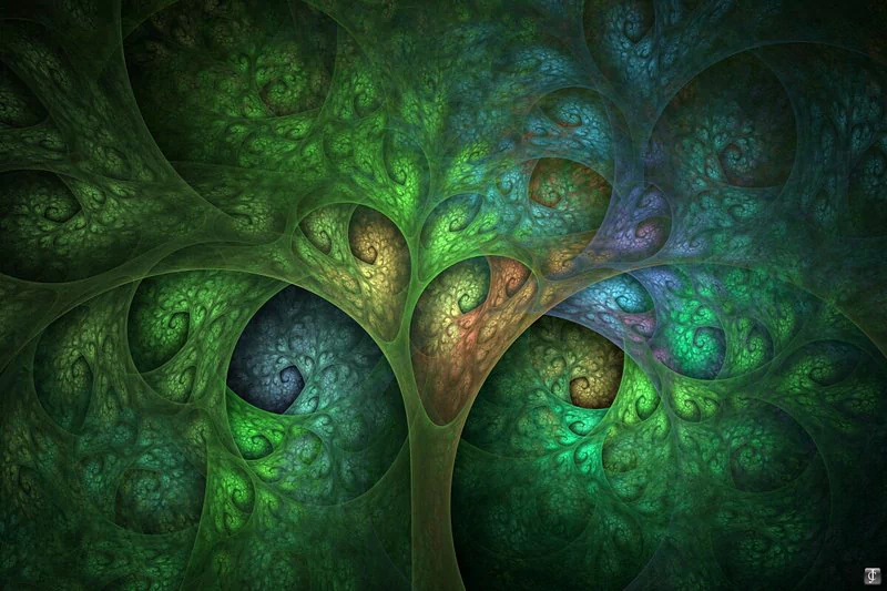 An intricate abstract fractal design featuring swirling patterns and vibrant shades of green, with hints of blue and brown creating a mesmerizing natural effect.