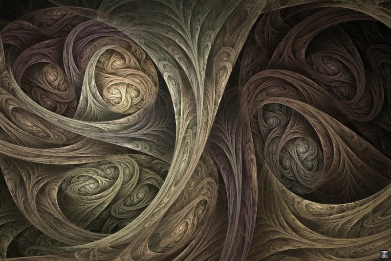 An intricate abstract fractal design showcases swirling patterns and soft hues, creating a fluid, organic composition that captivates the eye.