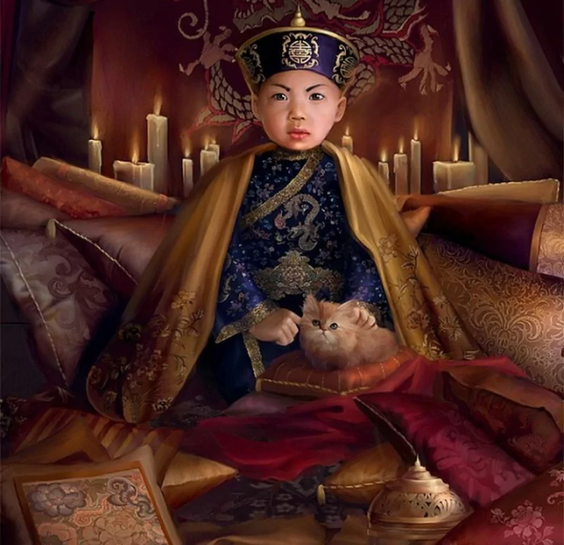 A young figure in ornate attire sits amidst rich fabrics and candles, cradling a cat, embodying a captivating blend of artistic fantasy and regal elegance.