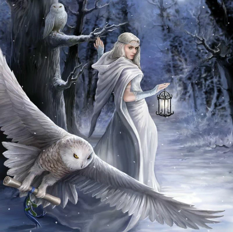 A fantasy scene featuring a woman in a flowing white cloak holding a lantern, surrounded by snow-covered trees and an owl soaring nearby, creating a mystical atmosphere.