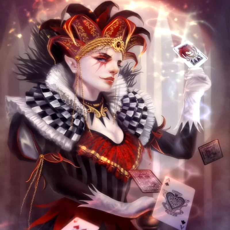 A dark fantasy character with ornate headwear and a striking outfit gracefully manipulates playing cards, surrounded by a mystical aura. The scene exudes enchantment and intrigue.