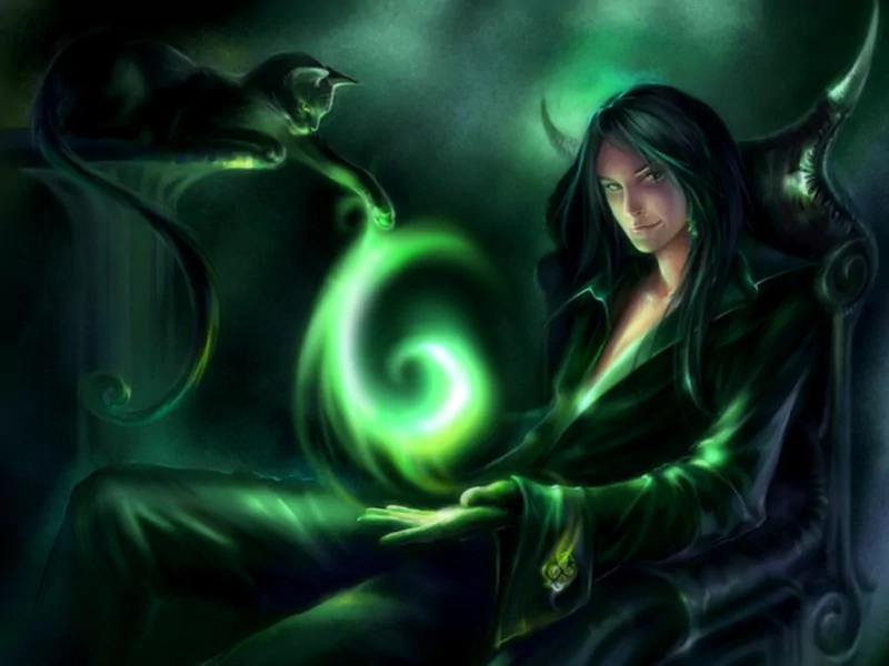 A sorcerer sits in a shadowy, enchanted atmosphere, casting a glowing green spell from his palm, while a black cat observes with an air of mystique. Fantasy and magic intertwine in the scene.