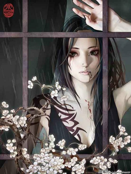 A fantasy-style woman with dark hair and tribal tattoos gazes through rain-streaked window panes, framed by blooming white flowers outside.