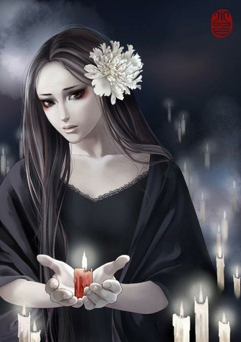 A gothic figure stands in a dark, candlelit setting, holding a red candle. Long hair adorned with a white flower contrasts with the eerie ambiance, evoking a sense of mystery.