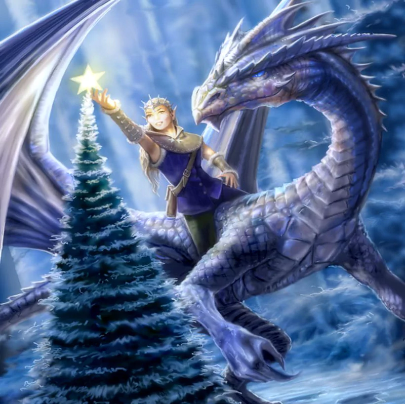 A majestic scene featuring a fantasy dragon and a figure adorned in regal attire, raising a star above a pine tree in a snowy landscape, creating an enchanting atmosphere.