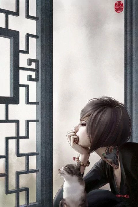 A fantasy-style digital portrait of a woman with short hair and tattoos, sitting thoughtfully by a window with a cat resting on her lap.