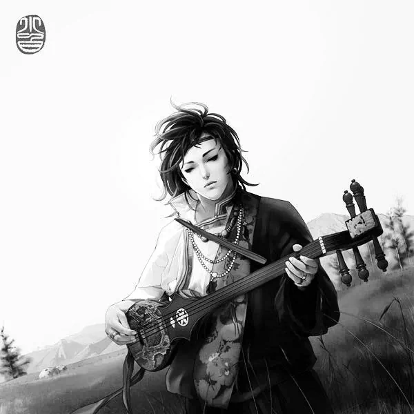 A fantasy-themed black-and-white illustration of a young man playing a traditional stringed instrument outdoors.