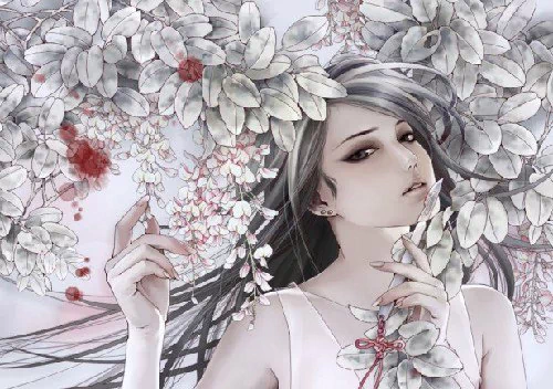 Fantasy woman with long dark hair and pale skin, crowned by white blossoms and holding delicate hanging flowers, set against a soft, muted floral backdrop.