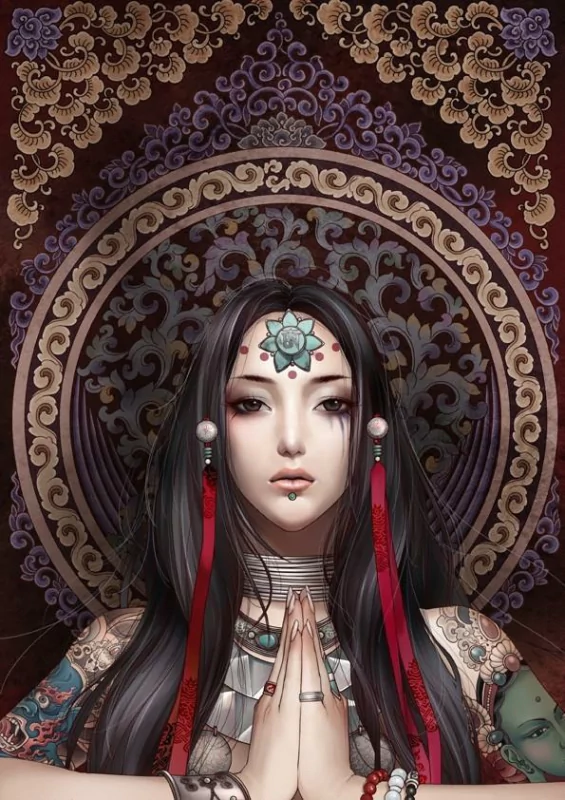 A serene woman in a fantasy setting, adorned with intricate jewelry and a floral design on her forehead, poses gracefully with hands together against a richly patterned background.
